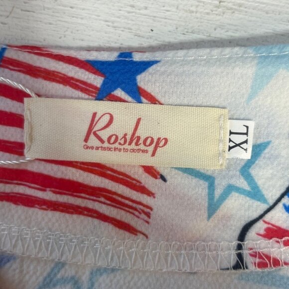 Roshop Patriotic Shirt Blouse Womens XL White Red Blue New Butterfly Flags - Picture 6 of 10